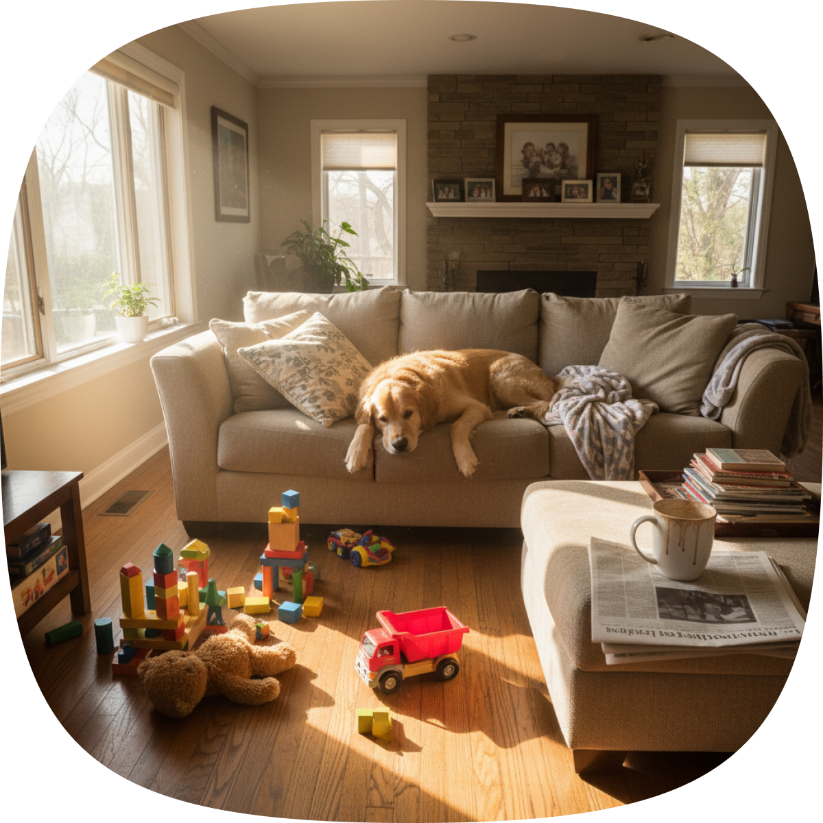 A sunny living room with a dog resting among scattered toys