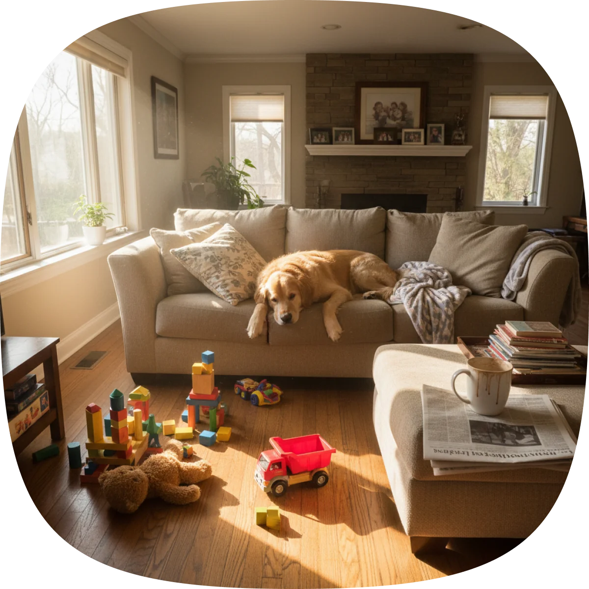 A sunny living room with a dog resting among scattered toys